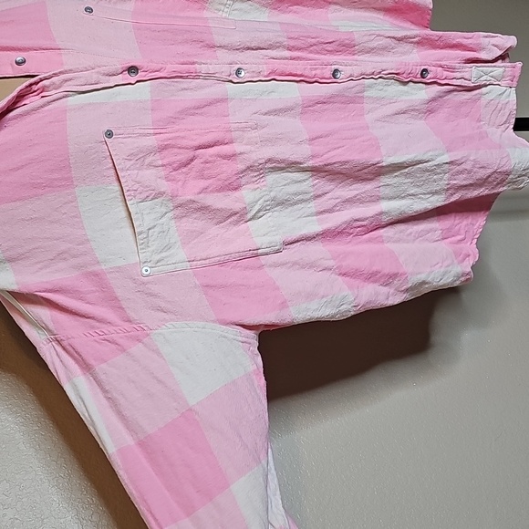 Aerie Pink and Cream Flannel Plaid Checkered Oversized Button Up Shirt XL - Picture 2 of 7